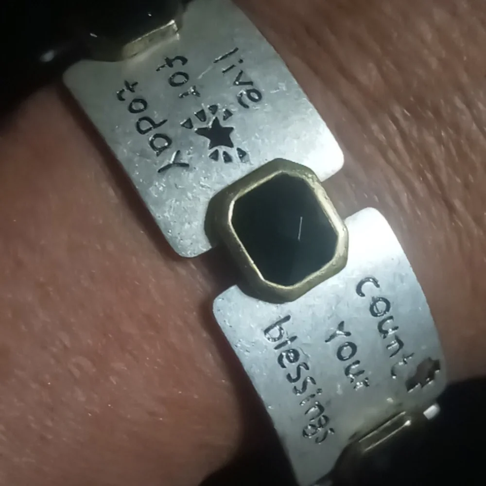 Silver Inspirational Expandable Bracelet with Black & Gold Accents Gems.